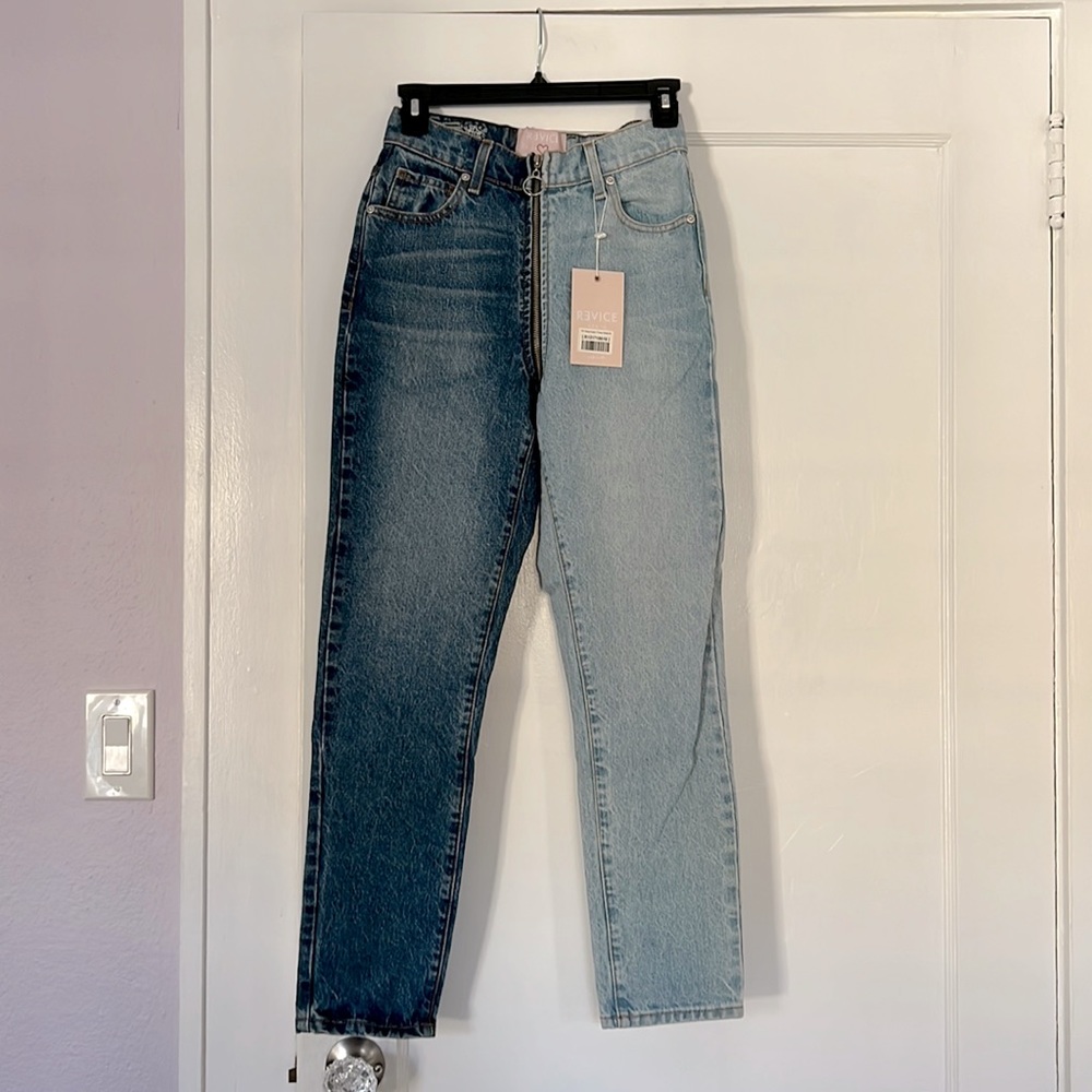 Revice Jeans, high-waisted, split light and dark wash, front to back zip detail.